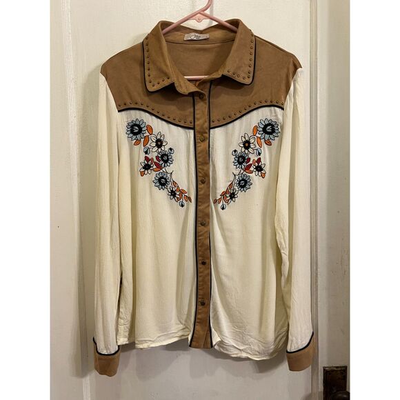 John Moon Cream Embroidered Fringe Snap Button Western Shirt  Women's Size Large - Picture 2 of 9
